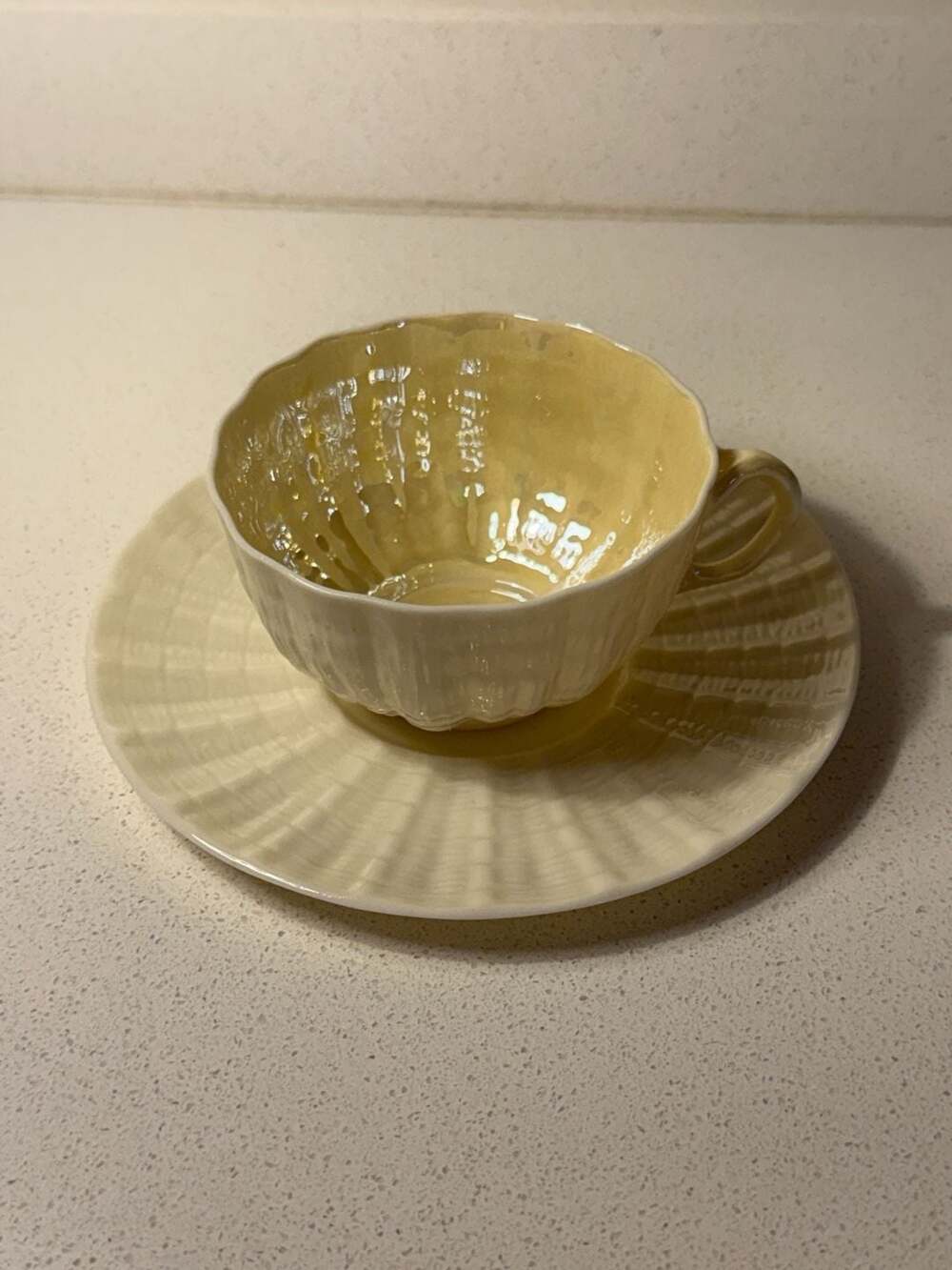 Belleek Pottery Neptune Shell Pattern Eggshell Porcelain Teacup and Saucer